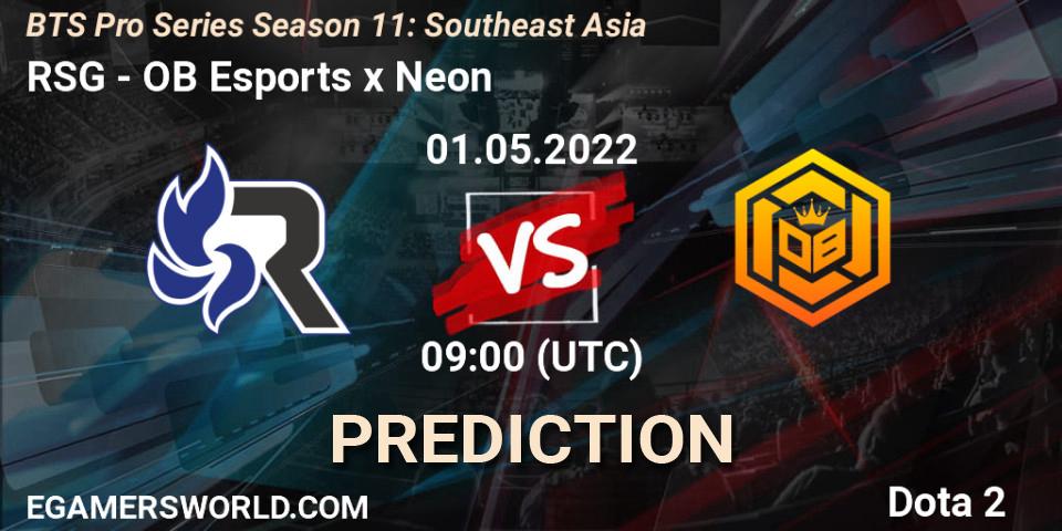 Prognose für das Spiel RSG VS OB Esports x Neon. 30.04.2022 at 09:16. Dota 2 - BTS Pro Series Season 11: Southeast Asia