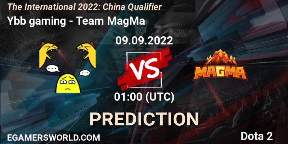 Prognose für das Spiel Ybb gaming VS Team MagMa. 09.09.2022 at 01:10. Dota 2 - The International 2022: China Qualifier