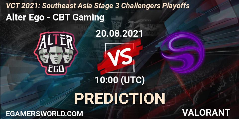 Prognose für das Spiel Alter Ego VS CBT Gaming. 20.08.2021 at 10:00. VALORANT - VCT 2021: Southeast Asia Stage 3 Challengers Playoffs
