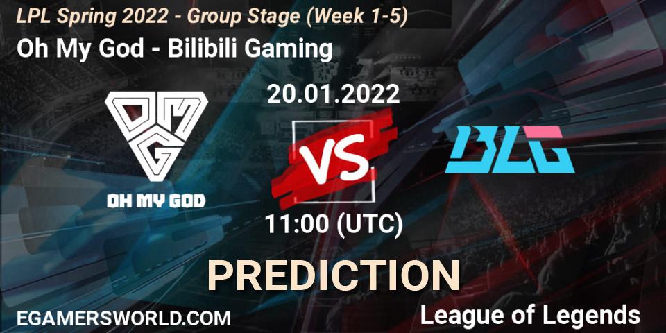 Prognose für das Spiel Oh My God VS Bilibili Gaming. 20.01.2022 at 12:00. LoL - LPL Spring 2022 - Group Stage (Week 1-5)