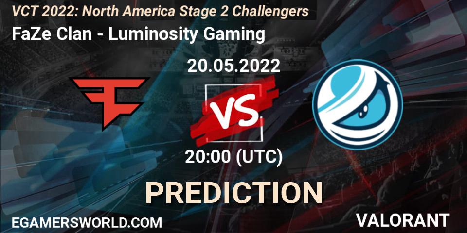 Prognose für das Spiel FaZe Clan VS Luminosity Gaming. 20.05.2022 at 20:10. VALORANT - VCT 2022: North America Stage 2 Challengers
