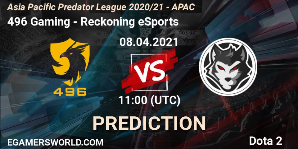 Prognose für das Spiel 496 Gaming VS Reckoning eSports. 08.04.2021 at 11:02. Dota 2 - Asia Pacific Predator League 2020/21 - APAC