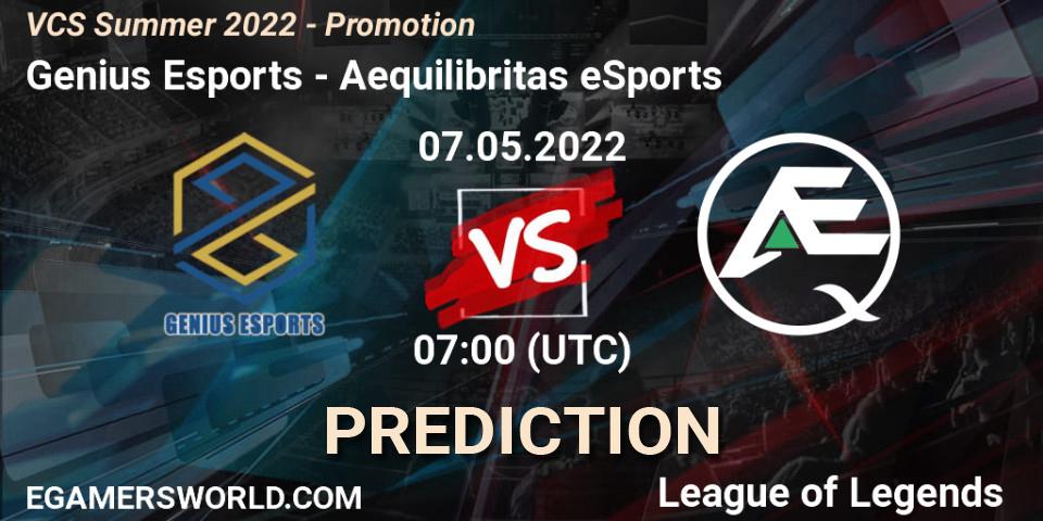 Prognose für das Spiel Genius Esports VS Aequilibritas eSports. 07.05.22. LoL - VCS Summer 2022 - Promotion