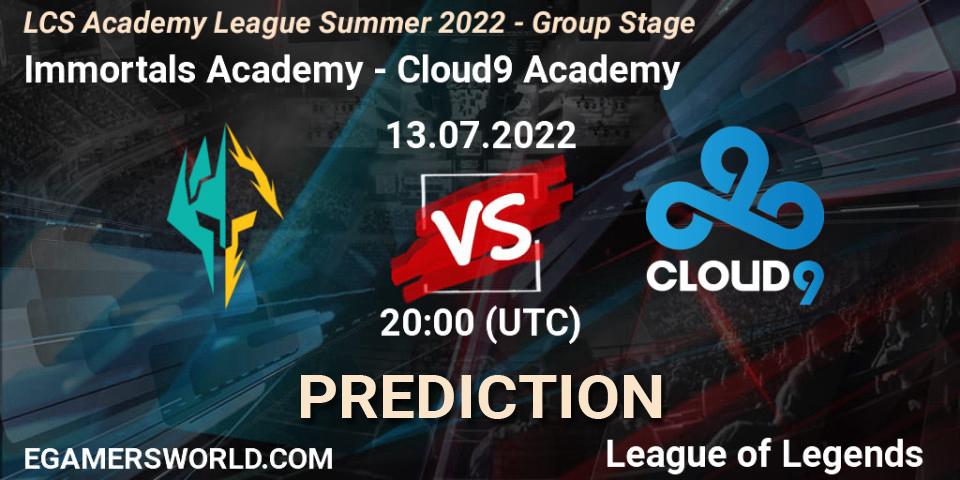 Prognose für das Spiel Immortals Academy VS Cloud9 Academy. 13.07.2022 at 20:00. LoL - LCS Academy League Summer 2022 - Group Stage