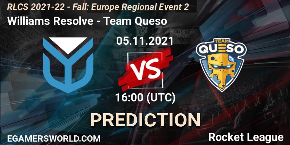 Prognose für das Spiel Williams Resolve VS Team Queso. 05.11.2021 at 16:00. Rocket League - RLCS 2021-22 - Fall: Europe Regional Event 2
