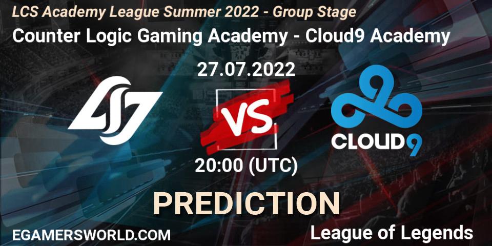Prognose für das Spiel Counter Logic Gaming Academy VS Cloud9 Academy. 27.07.2022 at 20:00. LoL - LCS Academy League Summer 2022 - Group Stage