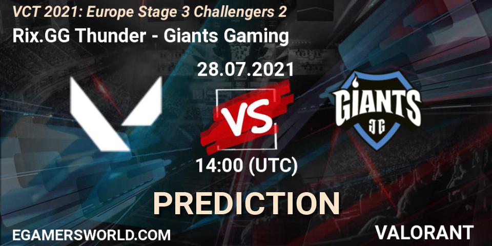 Prognose für das Spiel Rix.GG Thunder VS Giants Gaming. 28.07.2021 at 15:00. VALORANT - VCT 2021: Europe Stage 3 Challengers 2