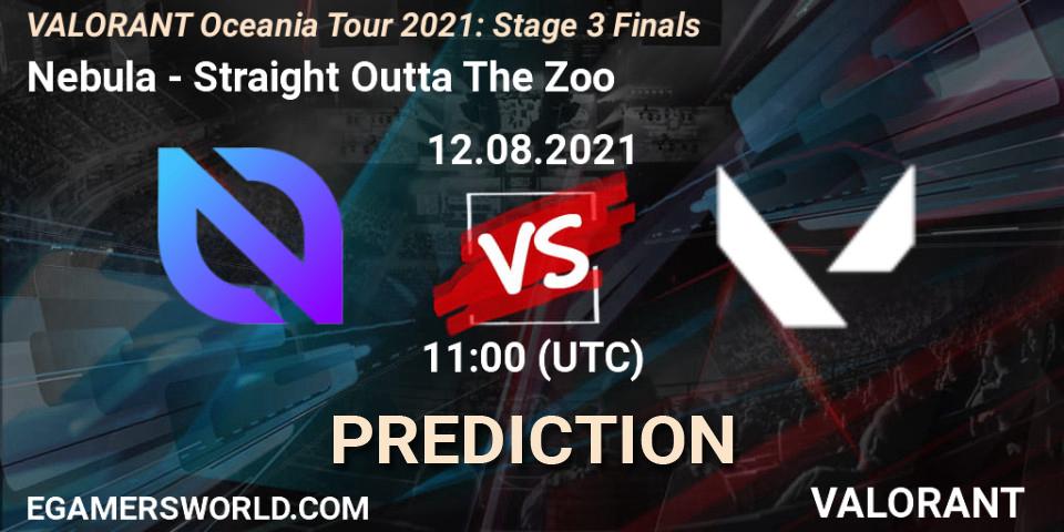 Prognose für das Spiel Nebula VS Straight Outta The Zoo. 12.08.2021 at 11:00. VALORANT - VALORANT Oceania Tour 2021: Stage 3 Finals