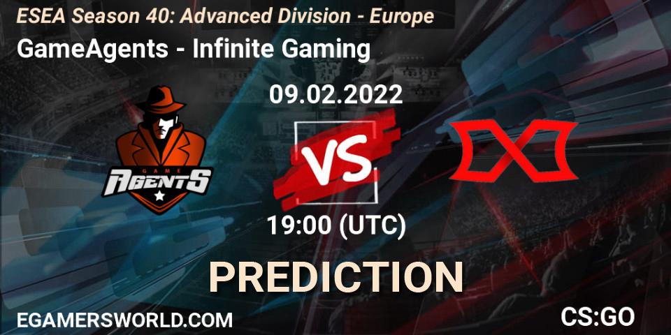 Prognose für das Spiel GameAgents VS Infinite Gaming. 09.02.2022 at 19:00. Counter-Strike (CS2) - ESEA Season 40: Advanced Division - Europe