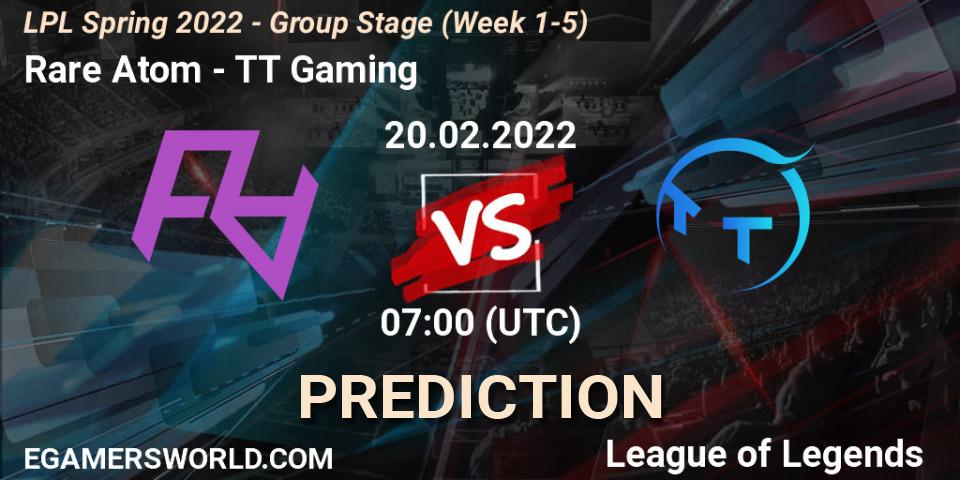 Prognose für das Spiel Rare Atom VS TT Gaming. 20.02.2022 at 07:00. LoL - LPL Spring 2022 - Group Stage (Week 1-5)