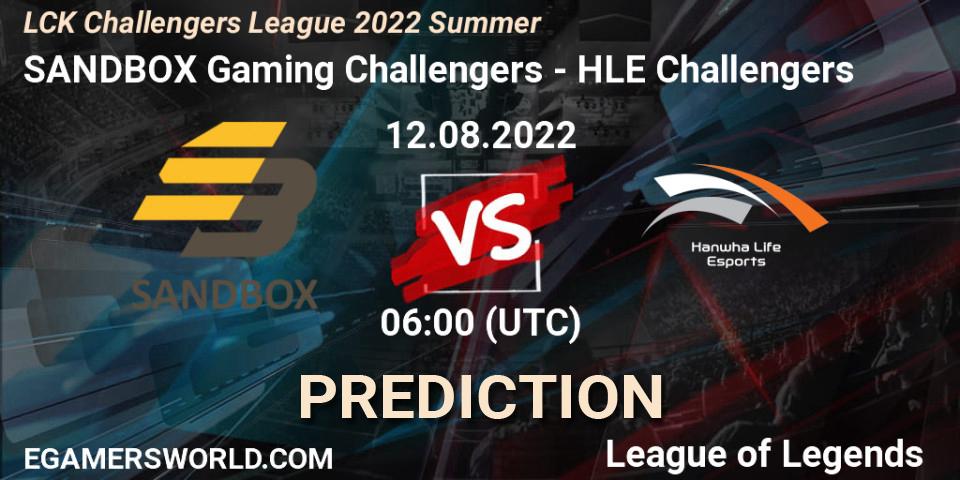 Prognose für das Spiel SANDBOX Gaming Challengers VS HLE Challengers. 12.08.2022 at 06:00. LoL - LCK Challengers League 2022 Summer