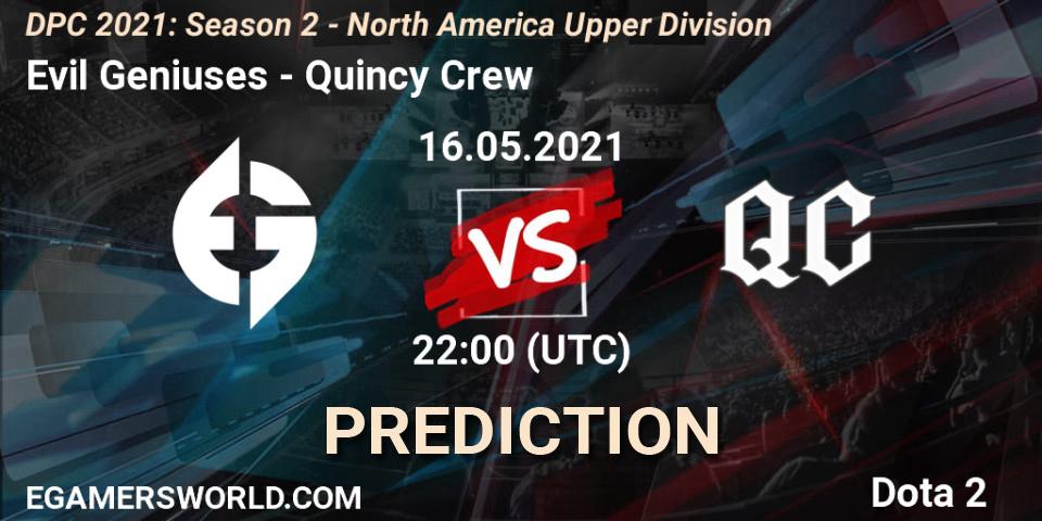 Prognose für das Spiel Evil Geniuses VS Quincy Crew. 16.05.21. Dota 2 - DPC 2021: Season 2 - North America Upper Division 