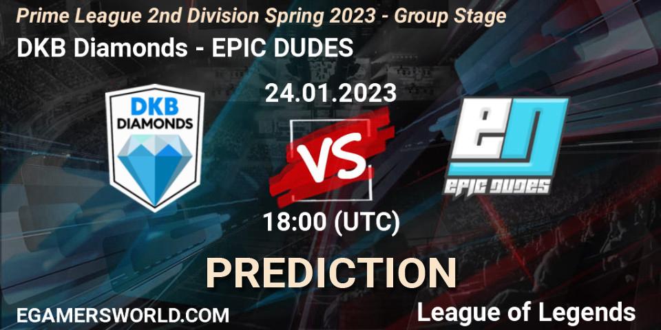 Prognose für das Spiel DKB Diamonds VS EPIC DUDES. 24.01.2023 at 18:00. LoL - Prime League 2nd Division Spring 2023 - Group Stage