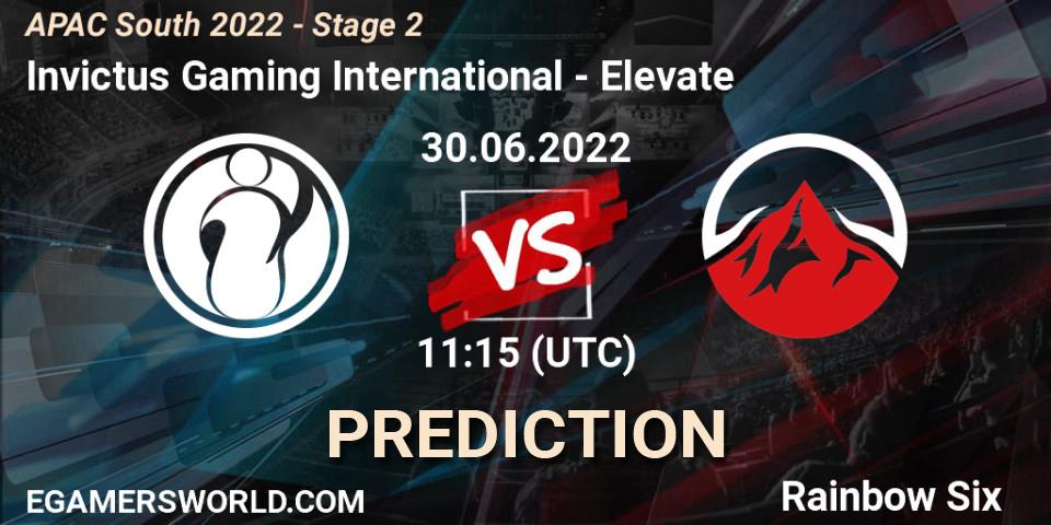 Prognose für das Spiel Invictus Gaming International VS Elevate. 30.06.2022 at 11:15. Rainbow Six - APAC South 2022 - Stage 2