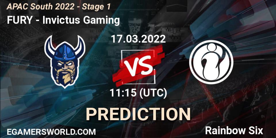 Prognose für das Spiel FURY VS Invictus Gaming. 17.03.2022 at 11:15. Rainbow Six - APAC South 2022 - Stage 1