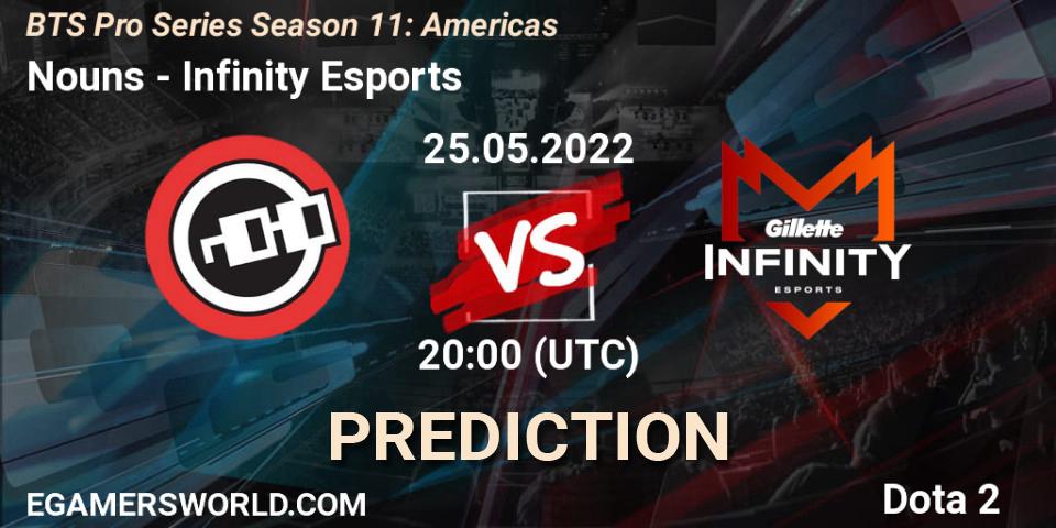 Prognose für das Spiel Nouns VS Infinity Esports. 25.05.2022 at 20:00. Dota 2 - BTS Pro Series Season 11: Americas