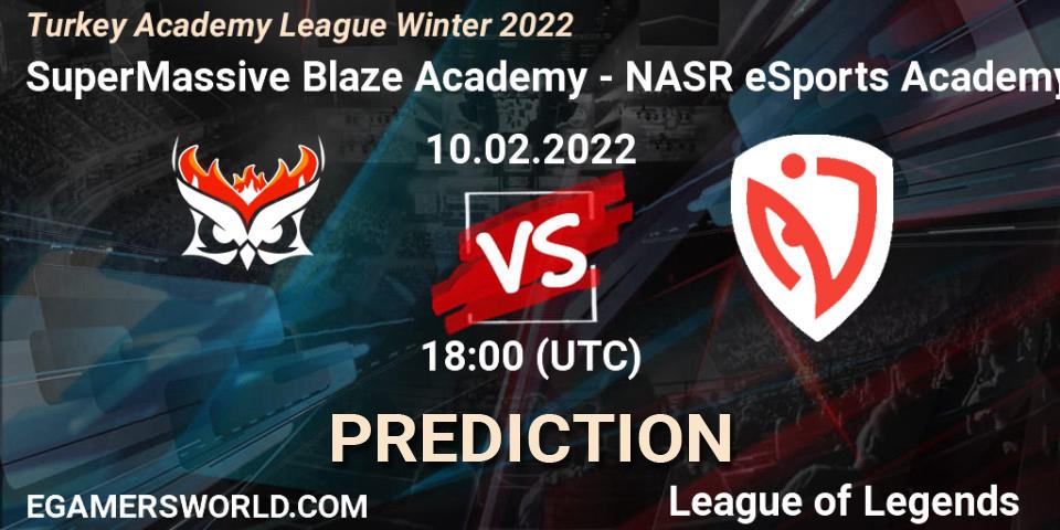 Prognose für das Spiel SuperMassive Blaze Academy VS NASR eSports Academy. 10.02.2022 at 18:15. LoL - Turkey Academy League Winter 2022