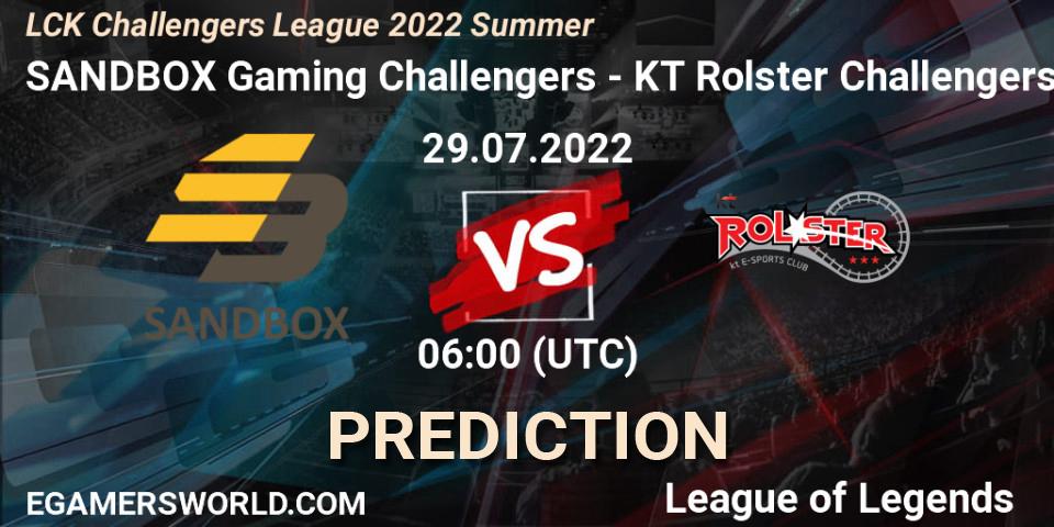 Prognose für das Spiel SANDBOX Gaming Challengers VS KT Rolster Challengers. 29.07.2022 at 06:00. LoL - LCK Challengers League 2022 Summer