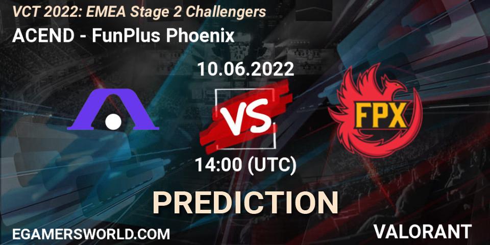 Prognose für das Spiel ACEND VS FunPlus Phoenix. 10.06.2022 at 14:00. VALORANT - VCT 2022: EMEA Stage 2 Challengers