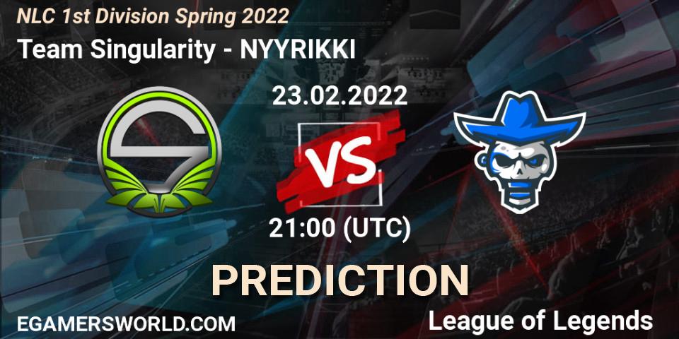 Prognose für das Spiel Team Singularity VS NYYRIKKI. 23.02.2022 at 21:00. LoL - NLC 1st Division Spring 2022