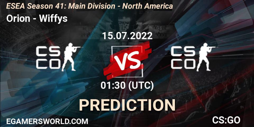 Prognose für das Spiel Orion VS Wiffys. 15.07.2022 at 01:30. Counter-Strike (CS2) - ESEA Season 41: Main Division - North America