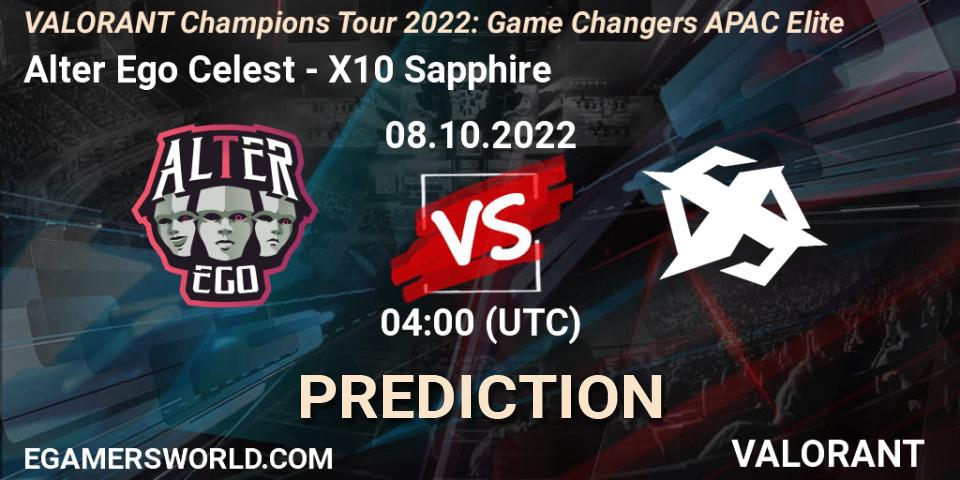 Prognose für das Spiel Alter Ego Celestè VS X10 Sapphire. 08.10.2022 at 04:00. VALORANT - VCT 2022: Game Changers APAC Elite