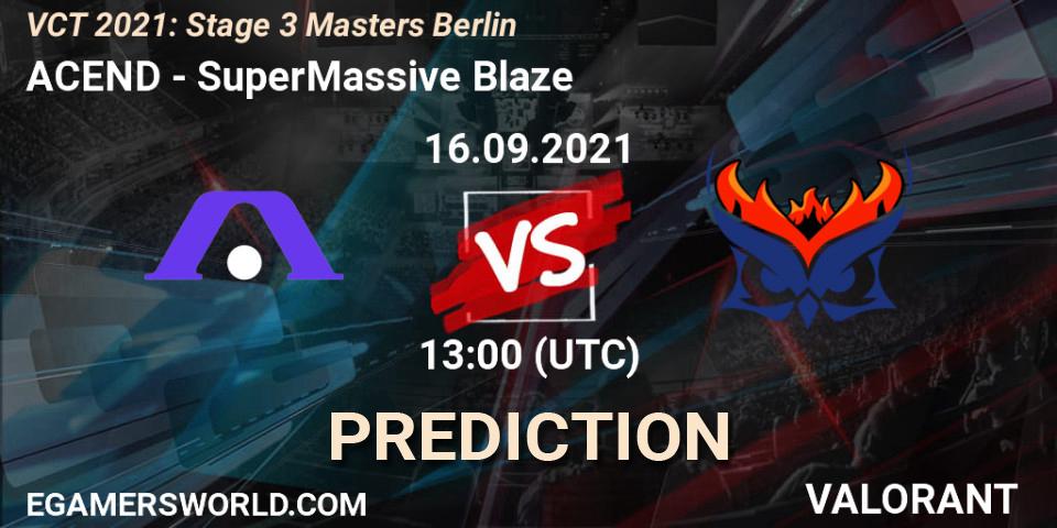 Prognose für das Spiel ACEND VS SuperMassive Blaze. 16.09.2021 at 13:00. VALORANT - VCT 2021: Stage 3 Masters Berlin
