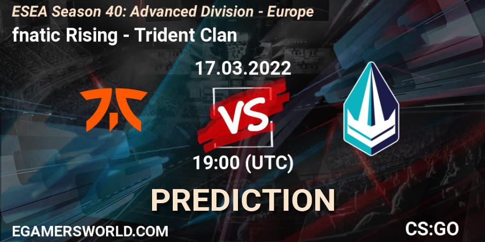 Prognose für das Spiel fnatic Rising VS Trident Clan. 17.03.2022 at 19:00. Counter-Strike (CS2) - ESEA Season 40: Advanced Division - Europe