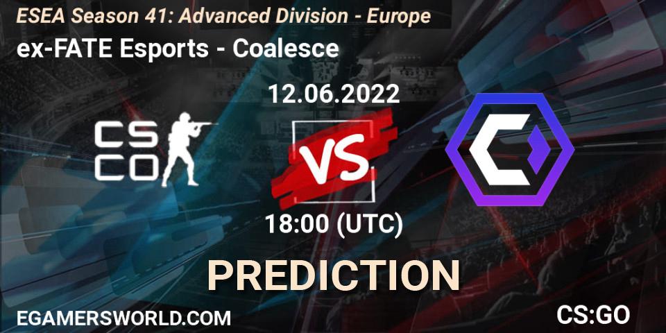 Prognose für das Spiel ex-FATE Esports VS Coalesce. 12.06.2022 at 18:00. Counter-Strike (CS2) - ESEA Season 41: Advanced Division - Europe