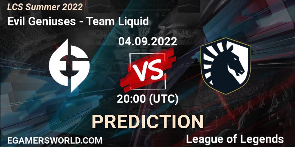 Prognose für das Spiel Evil Geniuses VS Team Liquid. 04.09.22. LoL - LCS Summer 2022