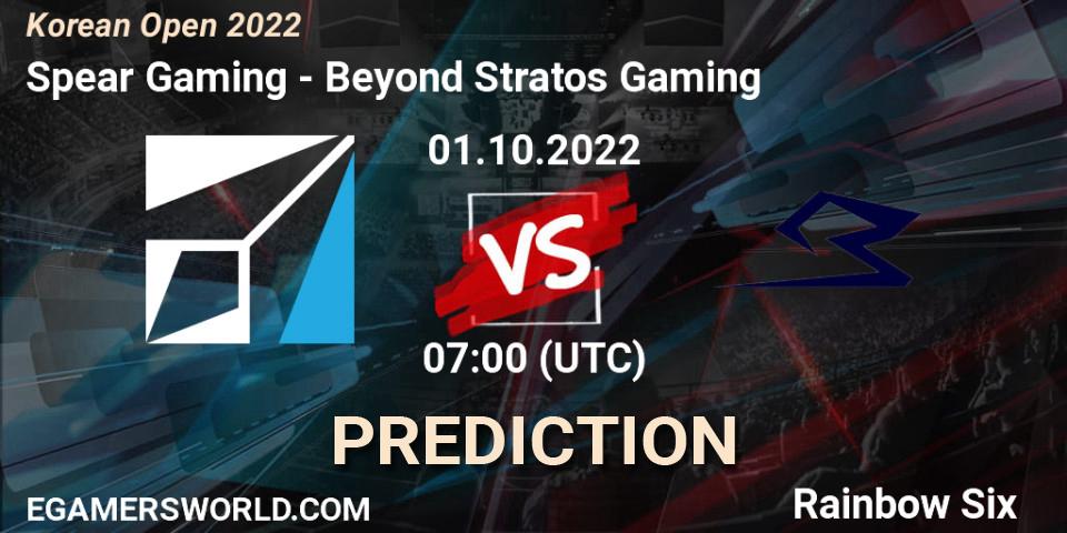 Prognose für das Spiel Spear Gaming VS Beyond Stratos Gaming. 01.10.2022 at 07:00. Rainbow Six - Korean Open 2022
