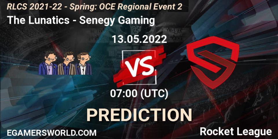 Prognose für das Spiel The Lunatics VS Senegy Gaming. 13.05.2022 at 07:00. Rocket League - RLCS 2021-22 - Spring: OCE Regional Event 2