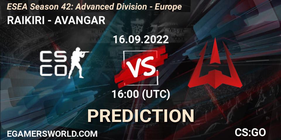 Prognose für das Spiel RAIKIRI VS AVANGAR. 16.09.2022 at 16:00. Counter-Strike (CS2) - ESEA Season 42: Advanced Division - Europe
