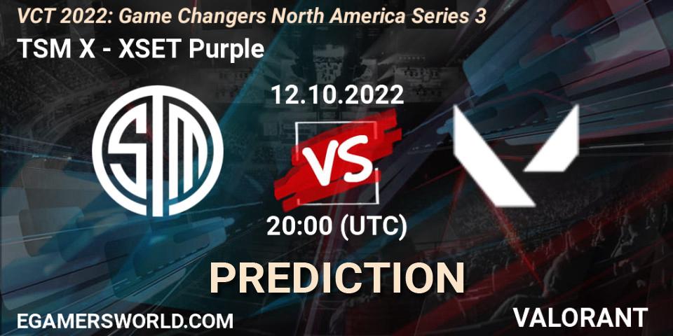Prognose für das Spiel TSM X VS XSET Purple. 12.10.2022 at 20:10. VALORANT - VCT 2022: Game Changers North America Series 3