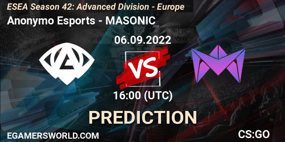 Prognose für das Spiel Anonymo Esports VS MASONIC. 06.09.22. CS2 (CS:GO) - ESEA Season 42: Advanced Division - Europe