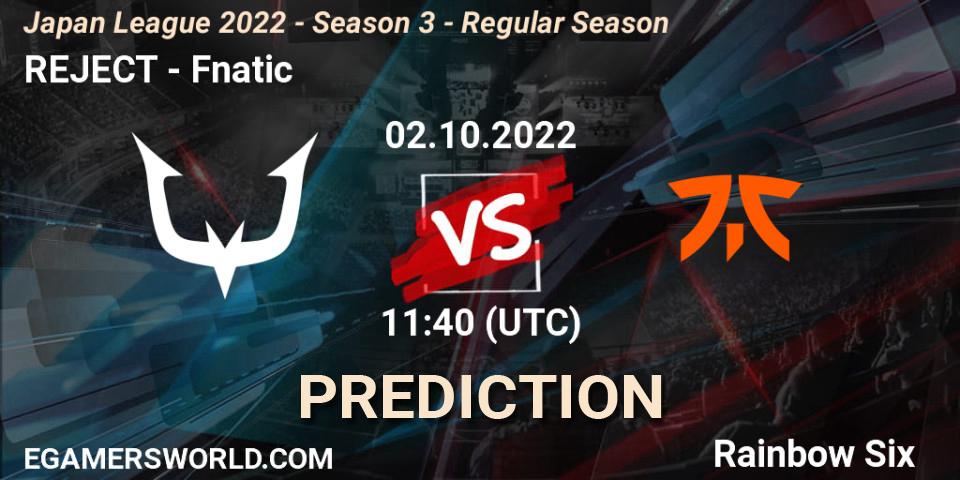 Prognose für das Spiel REJECT VS Fnatic. 02.10.2022 at 11:40. Rainbow Six - Japan League 2022 - Season 3 - Regular Season