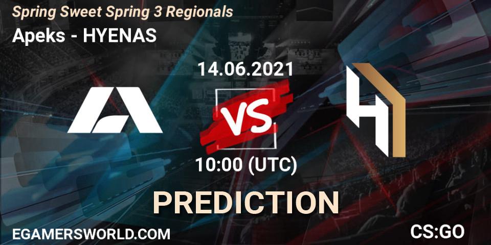 Prognose für das Spiel Apeks VS HYENAS. 14.06.2021 at 10:00. Counter-Strike (CS2) - Spring Sweet Spring 3 Regionals