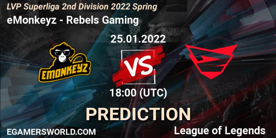 Prognose für das Spiel eMonkeyz VS Rebels Gaming. 26.01.2022 at 18:00. LoL - LVP Superliga 2nd Division 2022 Spring