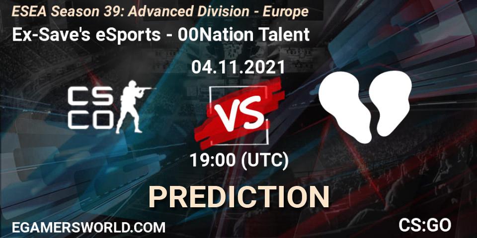 Prognose für das Spiel Ex-Save's eSports VS 00Nation Talent. 04.11.2021 at 19:00. Counter-Strike (CS2) - ESEA Season 39: Advanced Division - Europe