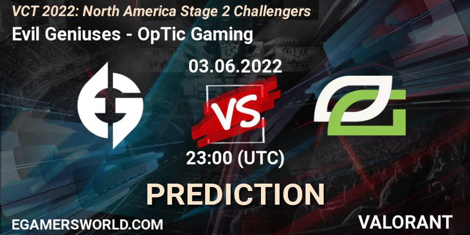 Prognose für das Spiel Evil Geniuses VS OpTic Gaming. 04.06.2022 at 00:00. VALORANT - VCT 2022: North America Stage 2 Challengers