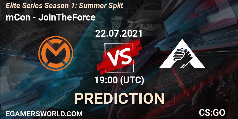 Prognose für das Spiel mCon VS JoinTheForce. 22.07.2021 at 19:00. Counter-Strike (CS2) - Elite Series Season 1: Summer Split