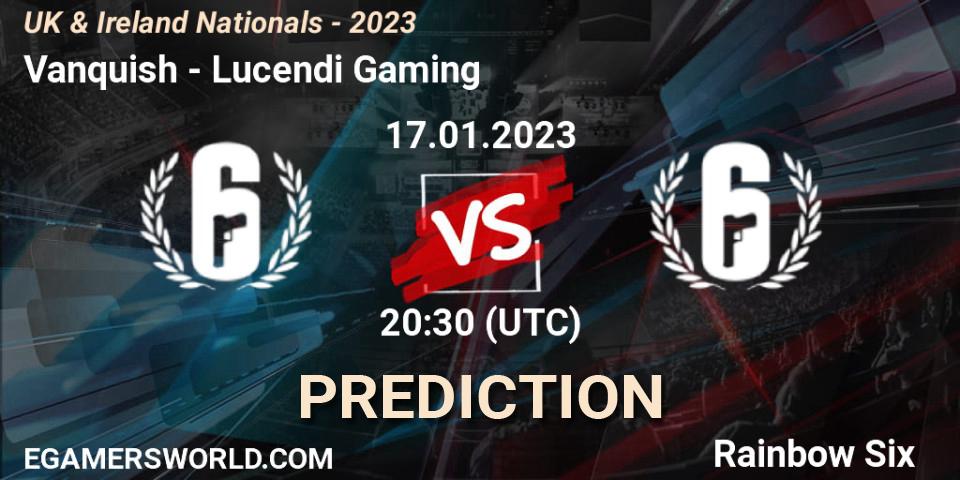 Prognose für das Spiel Vanquish VS Lucendi Gaming. 17.01.2023 at 20:30. Rainbow Six - UK & Ireland Nationals - 2023
