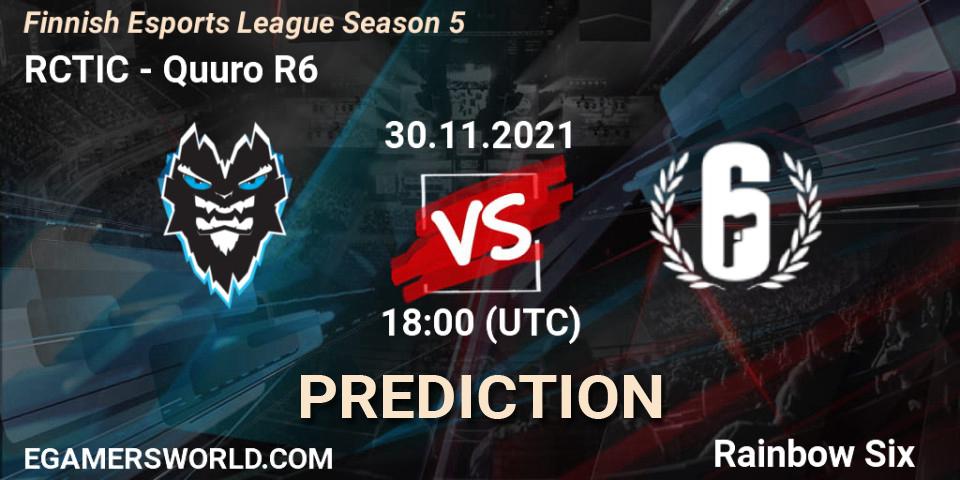 Prognose für das Spiel RCTIC VS Quuro R6. 30.11.2021 at 18:00. Rainbow Six - Finnish Esports League Season 5