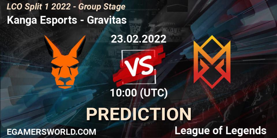 Prognose für das Spiel Kanga Esports VS Gravitas. 23.02.2022 at 10:30. LoL - LCO Split 1 2022 - Group Stage 