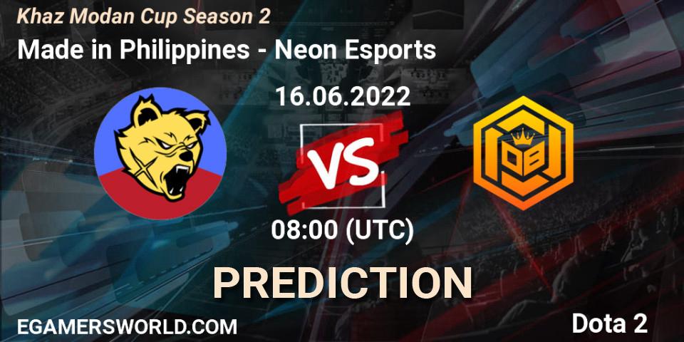 Prognose für das Spiel Made in Philippines VS Neon Esports. 23.06.2022 at 10:01. Dota 2 - Khaz Modan Cup Season 2