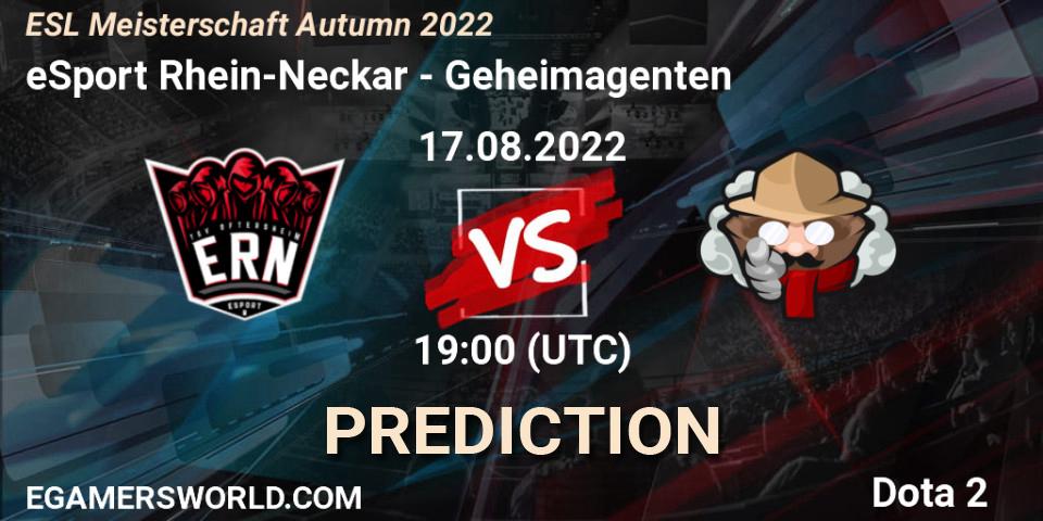 Prognose für das Spiel eSport Rhein-Neckar VS Geheimagenten. 17.08.2022 at 19:14. Dota 2 - ESL Meisterschaft Autumn 2022