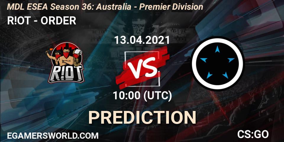 Prognose für das Spiel R!OT VS ORDER. 13.04.2021 at 10:00. Counter-Strike (CS2) - MDL ESEA Season 36: Australia - Premier Division