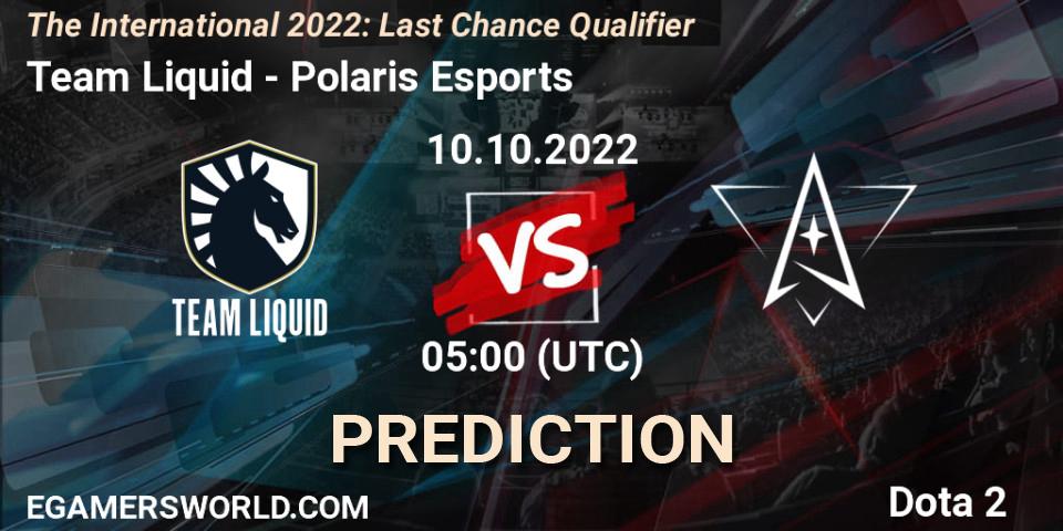 Prognose für das Spiel Team Liquid VS Polaris Esports. 10.10.2022 at 05:37. Dota 2 - The International 2022: Last Chance Qualifier