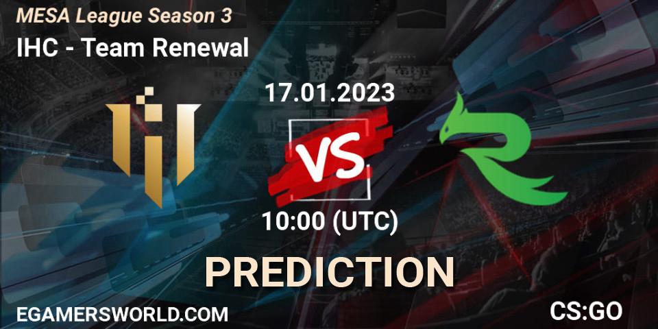 Prognose für das Spiel IHC VS Team Renewal. 21.01.2023 at 03:00. Counter-Strike (CS2) - MESA League Season 3