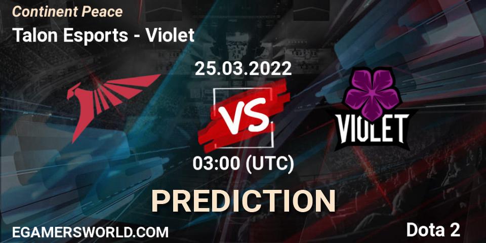 Prognose für das Spiel Talon Esports VS Violet. 25.03.2022 at 03:20. Dota 2 - Continent Peace